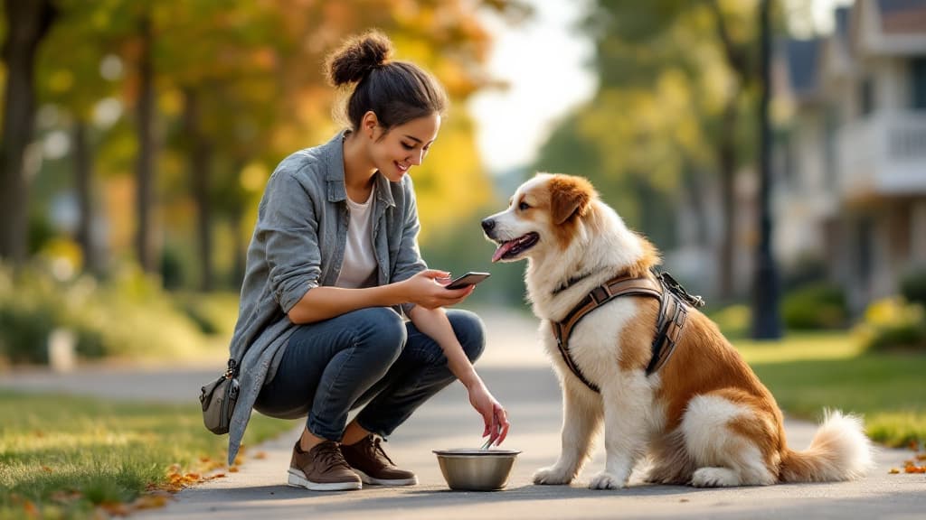 Pet care professional with a happy dog during a walk